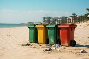 ai generato quattro spazzatura ordinamento contenitori su il spiaggia per ambientale conservazione foto
