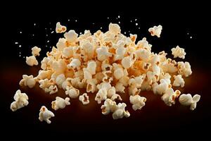 ai generato Popcorn stravaganza isolato su Nero, cattura il volante diletto foto