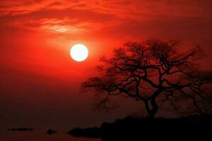 ai generato tranquillo, calmo crepuscolo il giro sole su rosso cielo con silhouette albero foto
