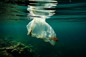 ai generato marino inquinamento plastica Borsa dannosamente sommerso sotto il mare foto