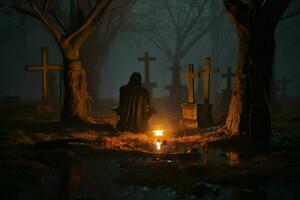 ai generato ultraterreno devozione preghiere nel un' spaventoso foreste inquietante cimitero scena foto