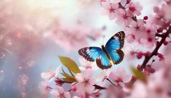 ai generato vicino su di un' blu farfalla volante su un' rosa ciliegia fiore, illuminato di morbido luce del sole, viene visualizzato il bellezza di primavera foto