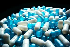 ai generato antibiotico immagini blu bianca capsule su bianca, assistenza sanitaria e droga resistenza foto