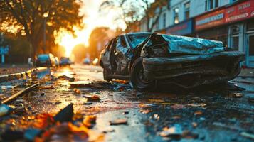 ai generato auto incidente su il strada nel il città a tramonto. foto