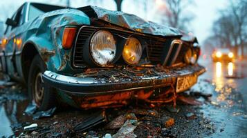 ai generato distrutto vecchio auto su il strada nel il pioggia a notte. foto