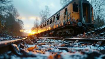 ai generato abbandonato treno su il Ferrovia a tramonto. ferrovia stazione. foto