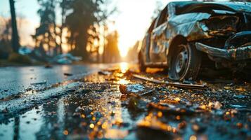 ai generato auto schianto incidente su il strada a tramonto. auto assicurazione concetto. foto