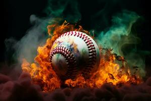 ai generato baseball spettacolo colorato palla si apre contro un' misterioso, fumoso sfondo foto