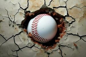 ai generato dinamico baseball immagini palla penetrante attraverso parete con drammatico crepe foto