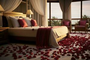 ai generato Hotel romanza letto ornato con rosa petali la creazione di un' romantico ambientazione ai generato foto