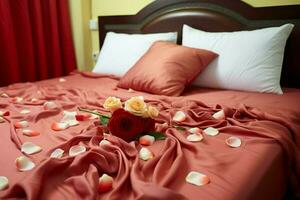 ai generato romantico ambiance rosa petali sparpagliato su un' letto nel un' Hotel camera ai generato foto