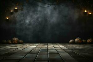 ai generato misterioso Halloween ambiance buio orrore sfondo con vacante di legno tavole ai generato foto