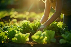 ai generato casa raccolto donna raccolta lattuga nel il famiglia insalata giardino foto