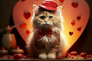 ai generato pawsitively adorabile un' dolce gattino annidato con un' cuore radiante amore ai generato foto