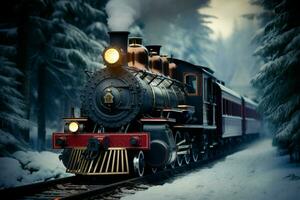 ai generato Natale a tema treno in viaggio attraverso un' nevoso inverno paesaggio ai generato foto