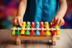 ai generato bambino giochi un' musicale strumento di legno colorato xilofono foto