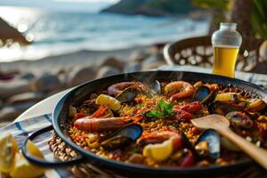 ai generato tradizionale frutti di mare paella nel il padella su un' tavolo di il mare. foto