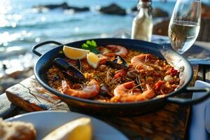 ai generato tradizionale frutti di mare paella nel il padella su un' tavolo di il mare. foto