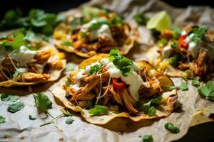 ai generato pollo tostadas su spiegazzato cottura al forno carta foto