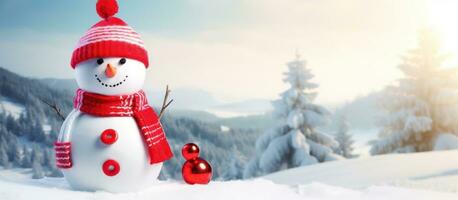 ai generato contento pupazzo di neve con luminosa rosso cappello e guanti nel un' nevoso paesaggio foto