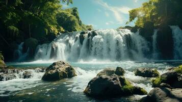 bellissimo tropicale cascate. flussi di acqua in esecuzione giù il fiume. ai generato foto