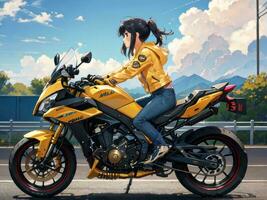 ai generato bellissimo giallo giacca anime ragazza equitazione un' motociclo su gas stazione sfondo foto