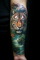 ai generato braccia di un' persona con un' tigre tatuaggio foto