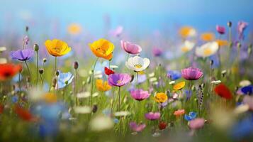 ai generato fiore campo nel luce del sole, primavera o estate giardino sfondo foto