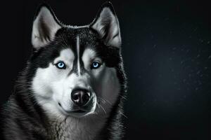 ai generato siberiano rauco cane con blu occhi su nero sfondo. copia spazio per testo. foto