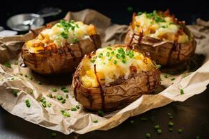 ai generato francese al forno patate con formaggio e cipolle su spiegazzato cottura al forno carta foto