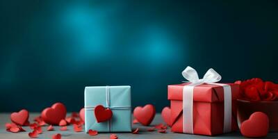 ai generato San Valentino giorno a tema piatto posare con un' regalo, cuori, e un' amore lettera su un' pastello sfondo foto
