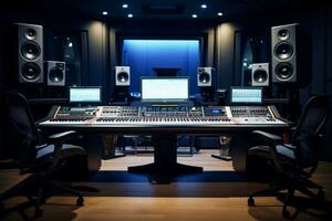 ai generato un' professionale musica studio con un' grande miscelazione console, computer monitor, e studio monitor foto