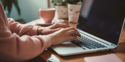 ai generato vicino su di un' donna mani digitando su un' il computer portatile nel un' accogliente casa ufficio ambientazione foto