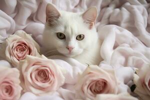 ai generato gatto con un' rosa su un' coperta foto