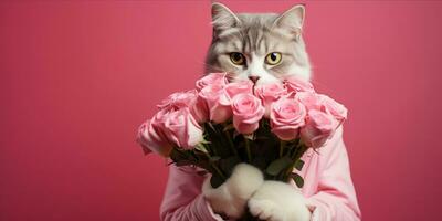 ai generato gatto Tenere un' mazzo di rosa Rose foto