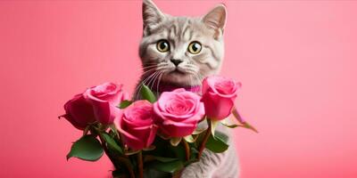 ai generato gatto Tenere un' mazzo di rosa Rose foto