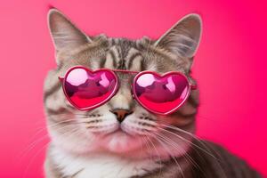 ai generato gatto con cuore sagomato occhiali da sole su rosa sfondo foto