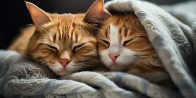 ai generato Due gatti coccole su un' coperta foto