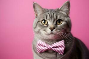 ai generato gatto con rosa arco cravatta su rosa sfondo foto