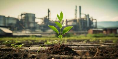 ai generato giovane pianta germinazione a partire dal suolo con industriale sfondo simboleggiante crescita e sostenibilità foto