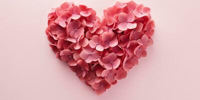 ai generato cuore sagomato preparativi di rosso ortensia fiori su un' rosa sfondo foto