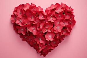 ai generato cuore sagomato preparativi di rosso ortensia fiori su un' rosa sfondo foto