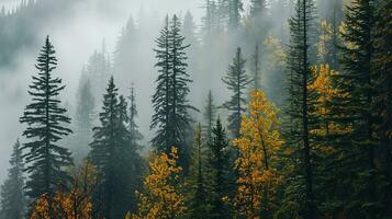 ai generato il terra di pino alberi, pioggia foresta, nebbia, autunno nebbia foto