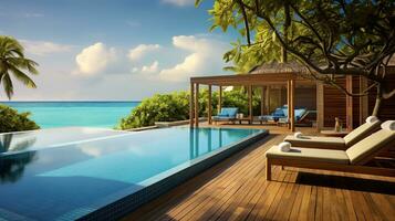 ai generato il piscina a o vicino Maldive a soleggiato foto