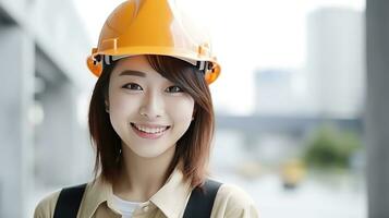 ai generato Sorridi di bellissimo giapponese costruzione femmina lavoratore foto