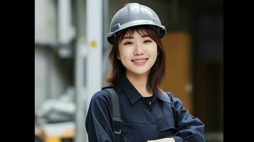 ai generato Sorridi di bellissimo giapponese costruzione femmina lavoratore foto