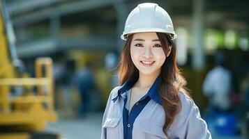 ai generato Sorridi di bellissimo giapponese costruzione femmina lavoratore foto