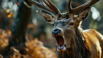 ai generato vicino su di un' rosso cervo con Aperto bocca. animale rabbia. foto