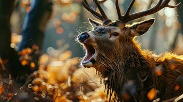 ai generato vicino su di un' rosso cervo con Aperto bocca. animale rabbia. foto