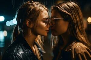 ai generato romantico giovane adulto lesbica femmina coppia bacio neurale Rete ai generato foto